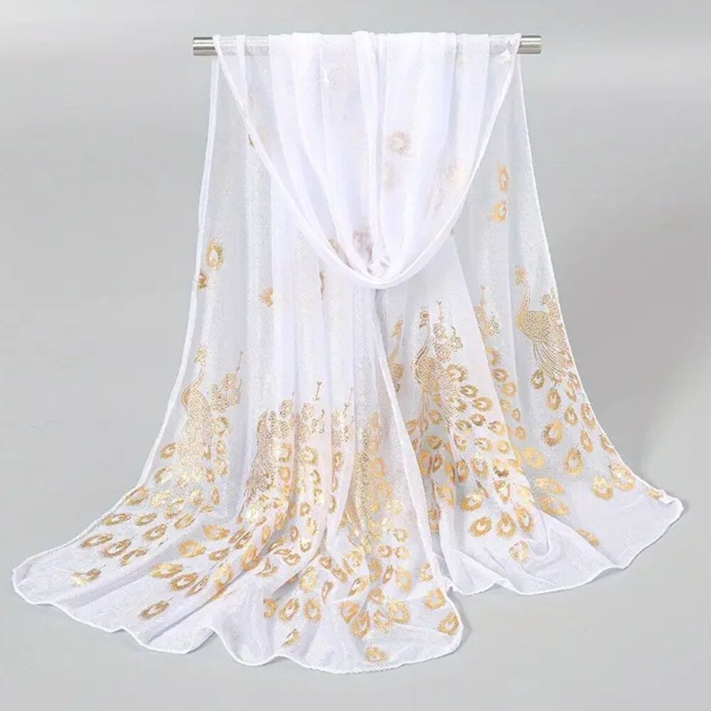 WHITE & GOLD PEACOCK PRINT SCARF/SHAWL/WRAP